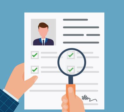 Cartoon image of two hands. One hand is holding a resume with a profile picture and green checkmarks. The other is holding a magnifying glass over the resume.