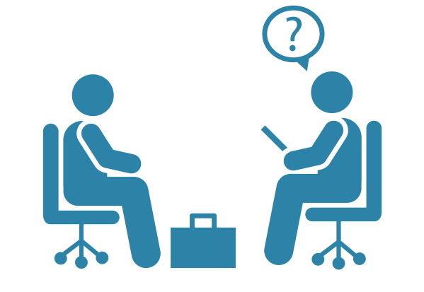 Cartoon-style graphic of two people sitting across from each other in chairs with wheels. A brief case sits between the two people. One of the people has a speech bubble with a question mark above their head.