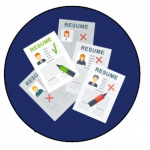 Five cartoon-style resumes stacked on top of each other. Only the one on top is marked with a green check mark. The rest are marked with red "X"s